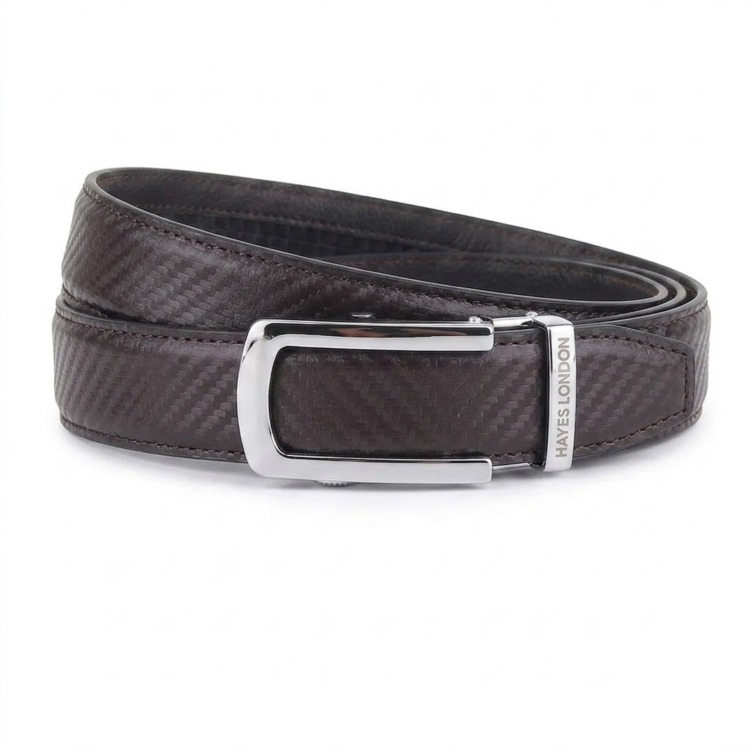 Hayes London | Nebula Brown Genuine Leather Auto-Lock Belt for Men – Silver Buckle, Micro-Adjustable Fit