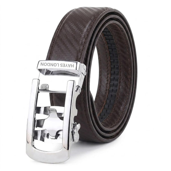 Hayes London | Nebula Brown Genuine Leather Auto-Lock Belt for Men – Silver Buckle, Micro-Adjustable Fit