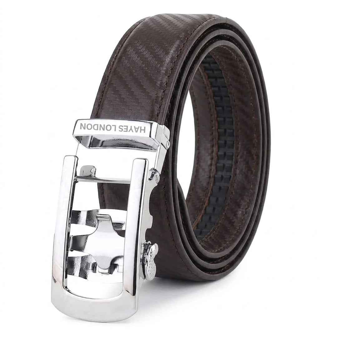 Hayes London | Nebula Brown Genuine Leather Auto-Lock Belt for Men – Silver Buckle, Micro-Adjustable Fit