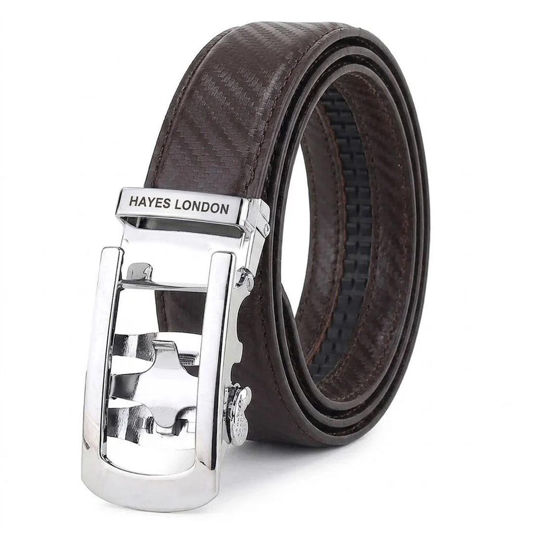 Hayes London | Nebula Brown Genuine Leather Auto-Lock Belt for Men – Silver Buckle, Micro-Adjustable Fit