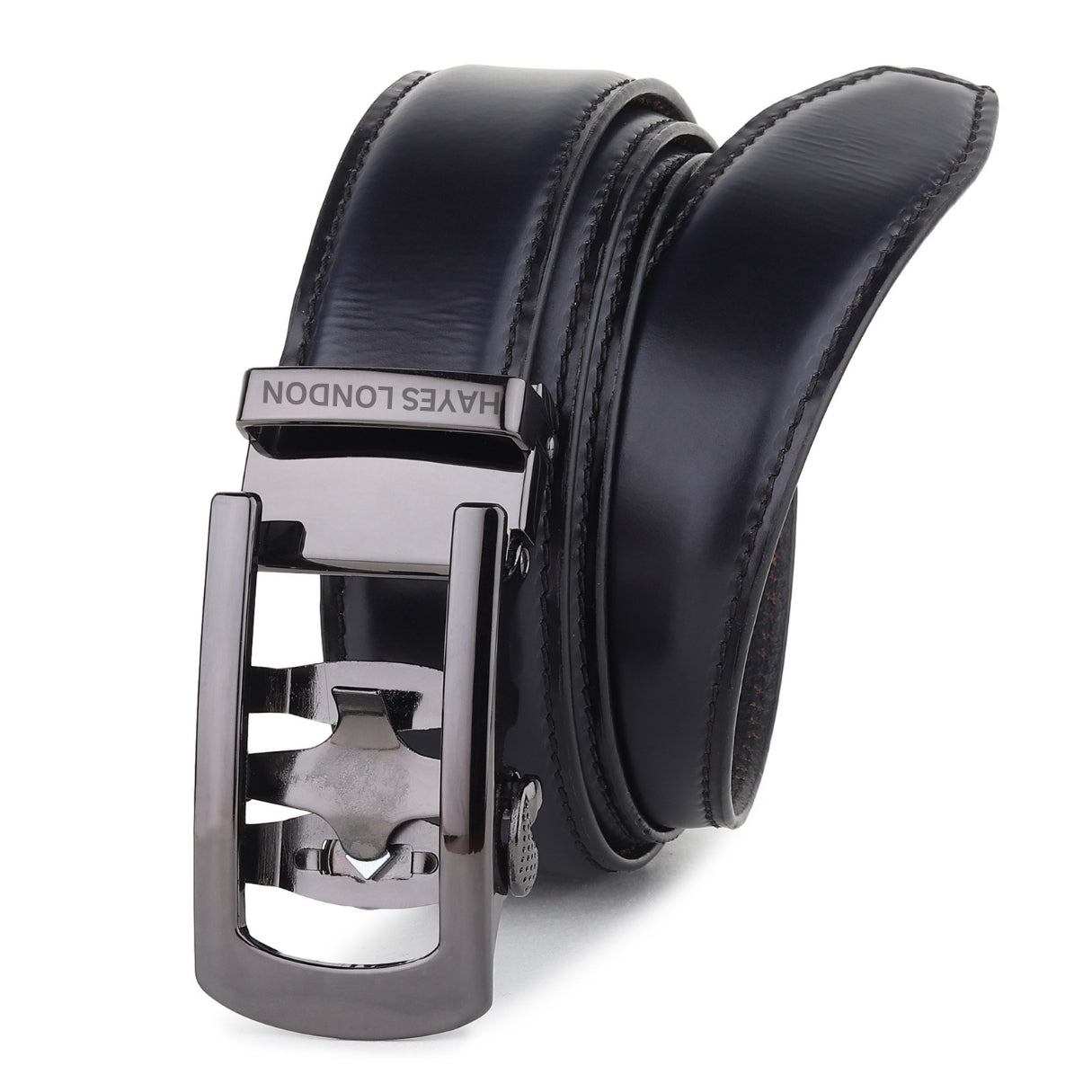 Hayes London | Nova Auto-Lock No-Hole Genuine Leather Belt for Men – Micro-adjustable Smart Belt for Formal & Casual Wear (Plain Black Leather & Grey Buckle)
