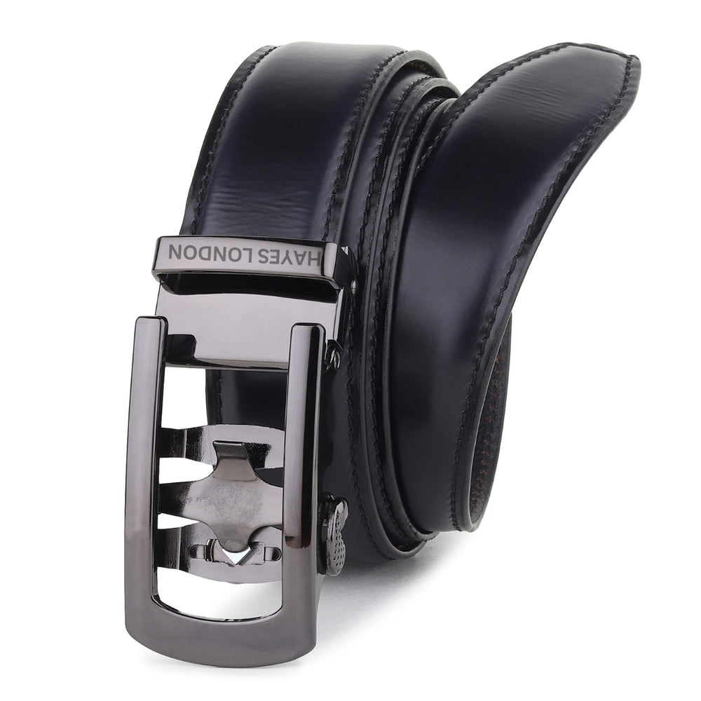 Hayes London | Nova Auto-Lock No-Hole Genuine Leather Belt for Men – Micro-adjustable Smart Belt for Formal & Casual Wear (Plain Black Leather & Grey Buckle)