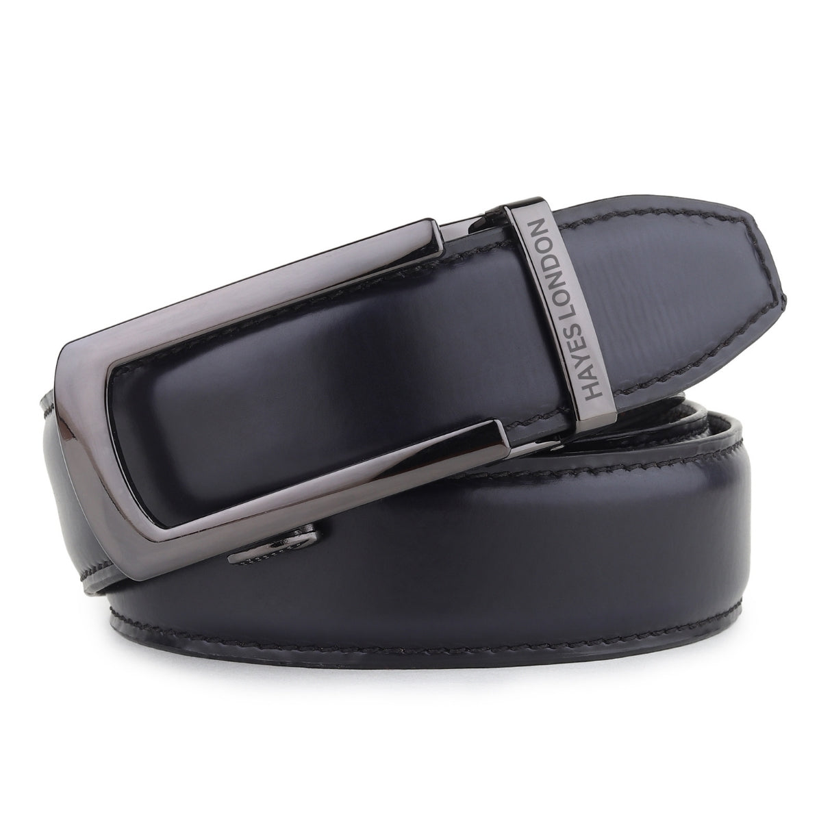Hayes London | Nova Auto-Lock No-Hole Genuine Leather Belt for Men – Micro-adjustable Smart Belt for Formal & Casual Wear (Plain Black Leather & Grey Buckle)