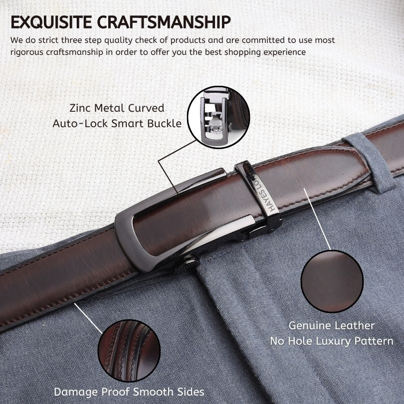 Hayes London | Nova Auto-Lock No-Hole Genuine Leather Belt for Men – Micro-adjustable Smart Belt for Formal & Casual Wear (Plain Brown)