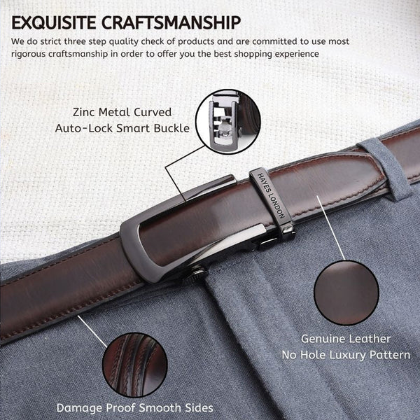 Hayes London | Nova Brown Genuine Leather Auto-Lock Belt for Men – Grey Buckle, Micro-Adjustable Fit
