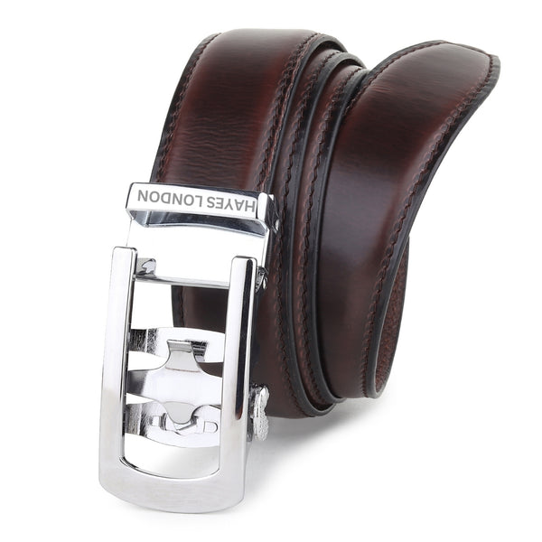 Hayes London | Nova Auto-Lock No-Hole Genuine Leather Belt for Men – Micro-adjustable Smart Belt for Formal & Casual Wear (Plain Brown)