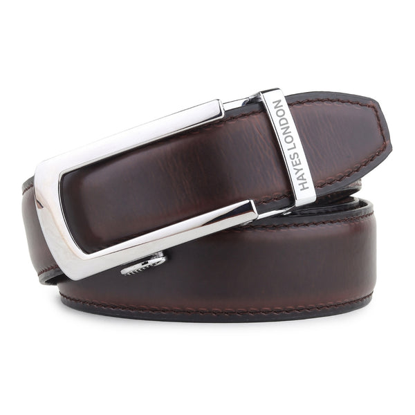 Hayes London | Nova Auto-Lock No-Hole Genuine Leather Belt for Men – Micro-adjustable Smart Belt for Formal & Casual Wear (Plain Brown)