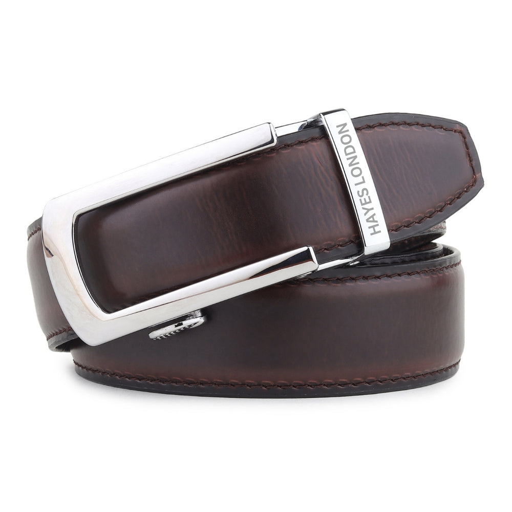 Hayes London | Nova Auto-Lock No-Hole Genuine Leather Belt for Men – Micro-adjustable Smart Belt for Formal & Casual Wear (Plain Brown)