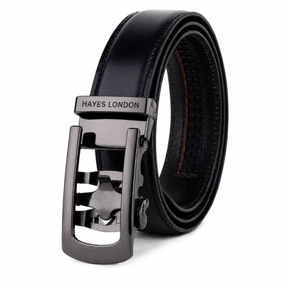 Nova Black Genuine Leather Auto-Lock Belt for Men – Grey Buckle, Micro-Adjustable Fit