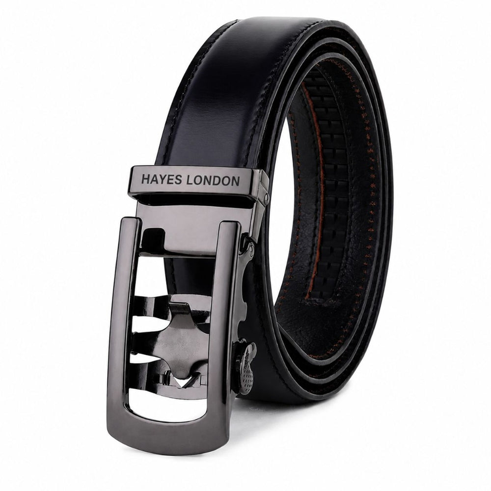 Hayes London | Nova Black Genuine Leather Auto-Lock Belt for Men – Grey Buckle, Micro-Adjustable Fit