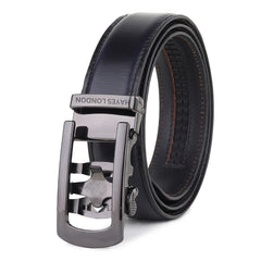 Hayes London | Nova Auto-Lock No-Hole Genuine Leather Belt for Men – Micro-adjustable Smart Belt for Formal & Casual Wear (Plain Black Leather & Grey Buckle)