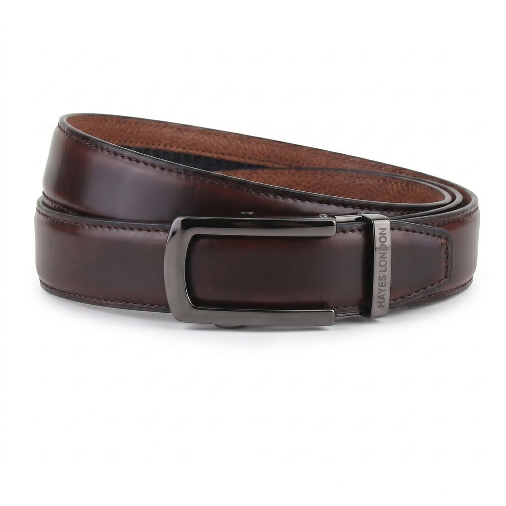 Hayes London | Nova Auto-Lock No-Hole Genuine Leather Belt for Men – Micro-adjustable Smart Belt for Formal & Casual Wear (Plain Brown)