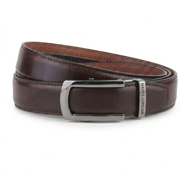 Hayes London | Nova Brown Genuine Leather Auto-Lock Belt for Men – Grey Buckle, Micro-Adjustable Fit