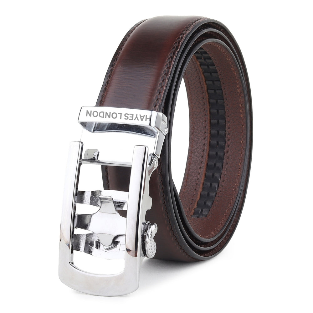 Hayes London | Nova Auto-Lock No-Hole Genuine Leather Belt for Men – Micro-adjustable Smart Belt for Formal & Casual Wear (Plain Brown)