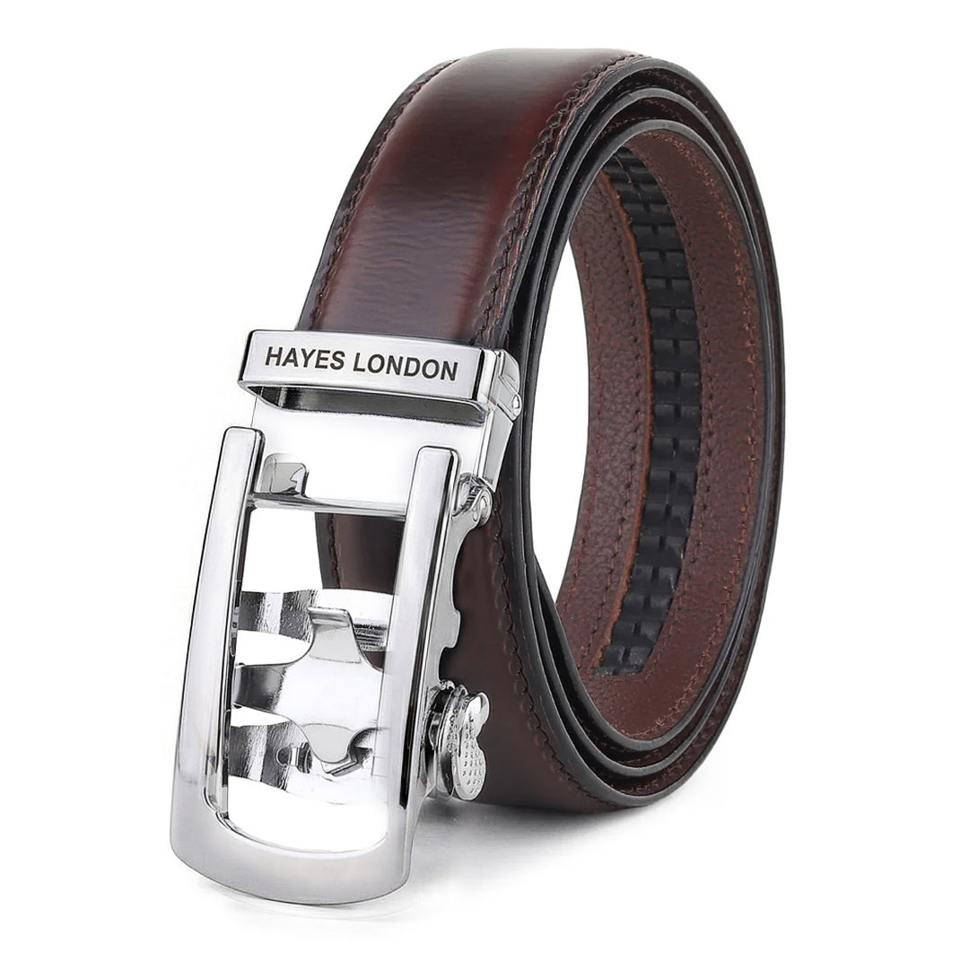 Hayes London | Nova Brown Genuine Leather Auto-Lock Belt for Men – Silver Buckle, Micro-Adjustable Fit