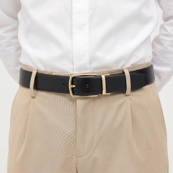 Hayes London | Luxe Black & Brown Italian Leather Reversible Belt for Men – Gold Buckle