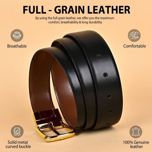 Hayes London | Luxe Black & Brown Italian Leather Reversible Belt for Men – Gold Buckle