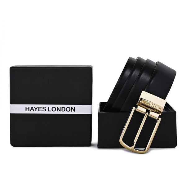 Hayes London | Luxe Black & Brown Italian Leather Reversible Belt for Men – Gold Buckle