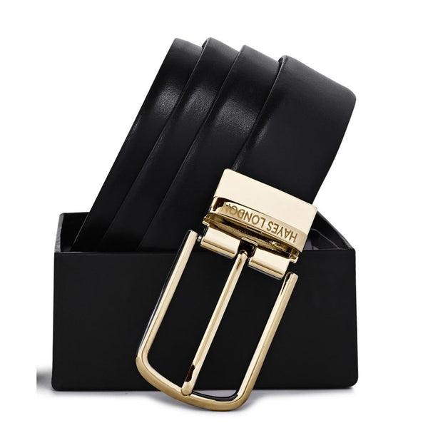 Hayes London | Luxe Black & Brown Italian Leather Reversible Belt for Men – Gold Buckle