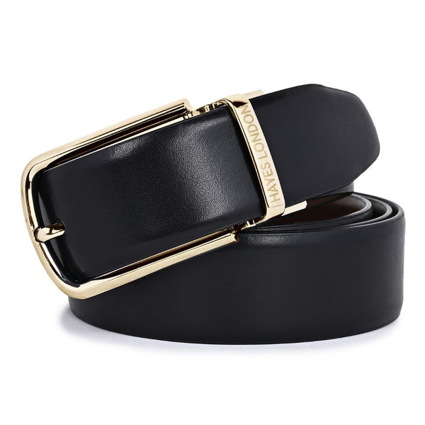 Hayes London | Luxe Black & Brown Italian Leather Reversible Belt for Men – Gold Buckle