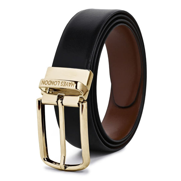 Hayes London | Luxe Black & Brown Italian Leather Reversible Belt for Men – Gold Buckle