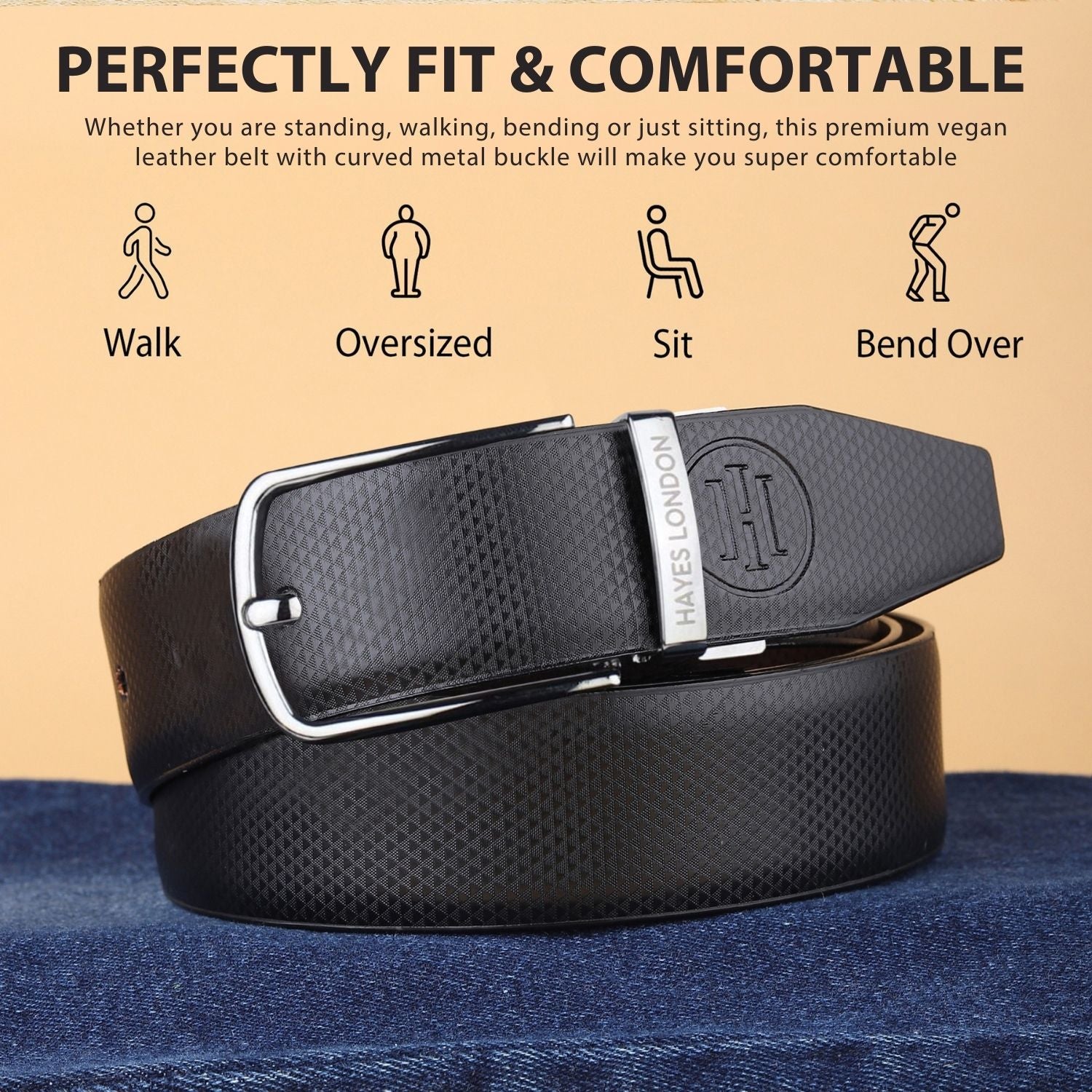 Hayes London | Reversible Black & Brown Vegan Leather Belt For Men (Leather Texture: Honeycomb)