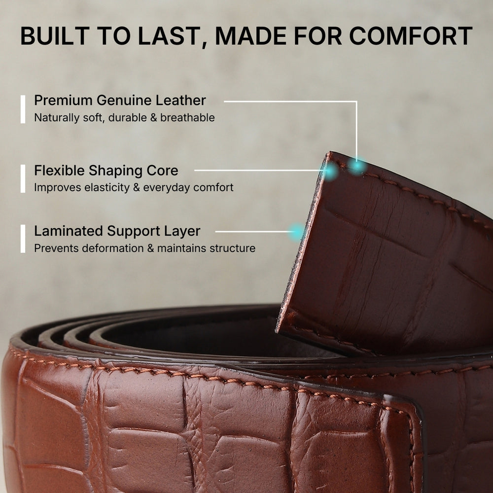 Hayes London | Sparta Auto-Lock No-Hole Genuine Leather Belt for Men – Micro-Adjustable Smart Ratchet Belt for Formal, Office & Casual Wear (Croco Brown Leather & Grey Buckle)