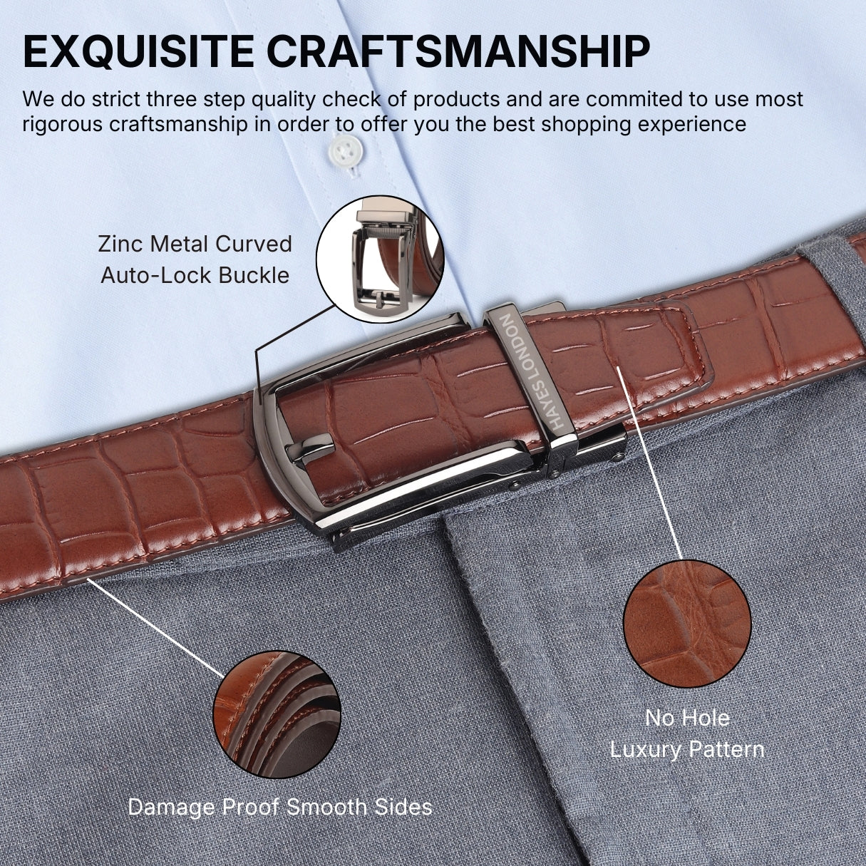 Hayes London | Sparta Auto-Lock No-Hole Genuine Leather Belt for Men – Micro-Adjustable Smart Ratchet Belt for Formal, Office & Casual Wear (Croco Brown Leather & Grey Buckle)