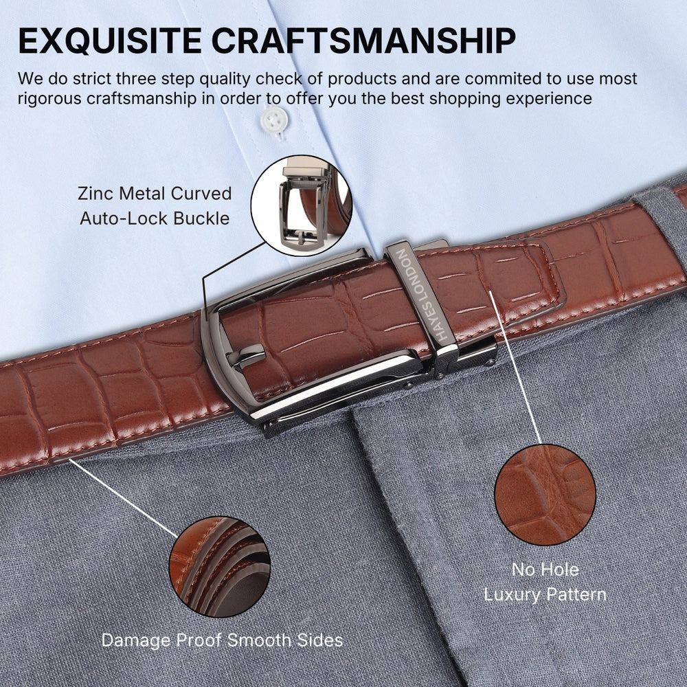 Hayes London | Sparta Auto-Lock No-Hole Genuine Leather Belt for Men – Micro-Adjustable Smart Ratchet Belt for Formal, Office & Casual Wear (Croco Brown Leather & Grey Buckle)