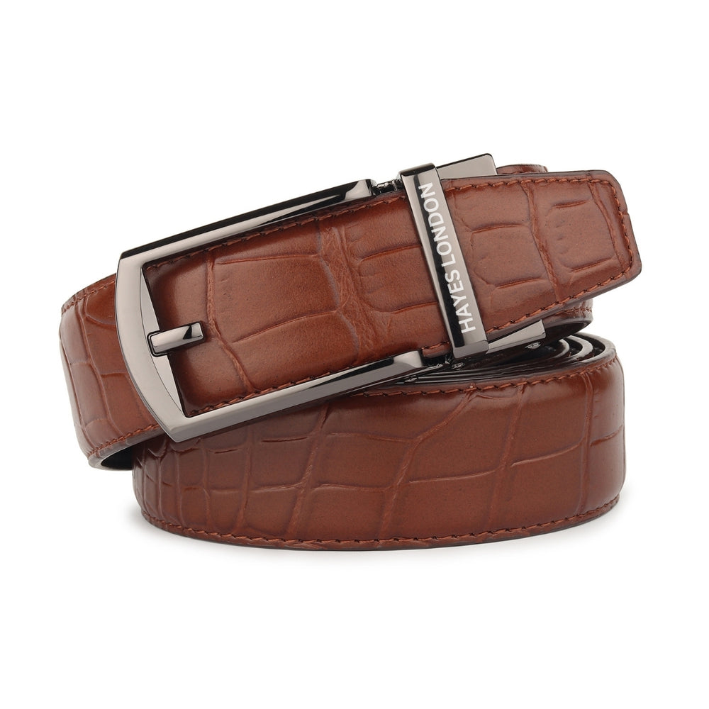 Hayes London | Sparta Auto-Lock No-Hole Genuine Leather Belt for Men – Micro-Adjustable Smart Ratchet Belt for Formal, Office & Casual Wear (Croco Brown Leather & Grey Buckle)
