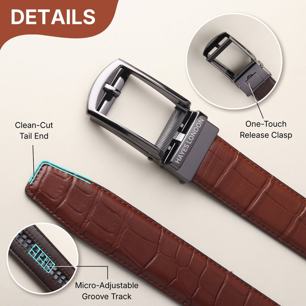 Hayes London | Sparta Auto-Lock No-Hole Genuine Leather Belt for Men – Micro-Adjustable Smart Ratchet Belt for Formal, Office & Casual Wear (Croco Brown Leather & Grey Buckle)