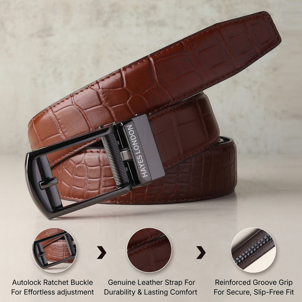 Hayes London | Sparta Auto-Lock No-Hole Genuine Leather Belt for Men – Micro-Adjustable Smart Ratchet Belt for Formal, Office & Casual Wear (Croco Brown Leather & Grey Buckle)