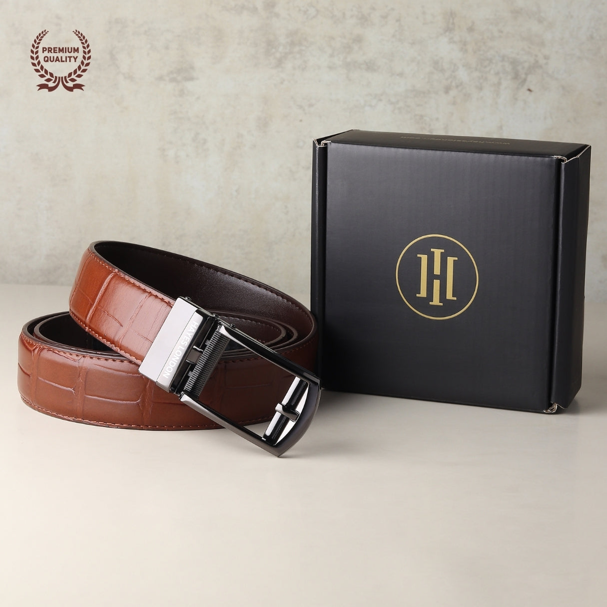 Hayes London | Sparta Auto-Lock No-Hole Genuine Leather Belt for Men – Micro-Adjustable Smart Ratchet Belt for Formal, Office & Casual Wear (Croco Brown Leather & Grey Buckle)