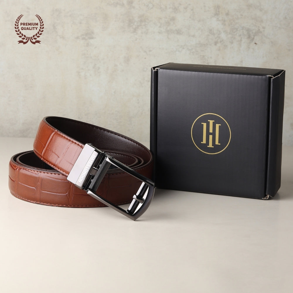 Hayes London | Sparta Auto-Lock No-Hole Genuine Leather Belt for Men – Micro-Adjustable Smart Ratchet Belt for Formal, Office & Casual Wear (Croco Brown Leather & Grey Buckle)