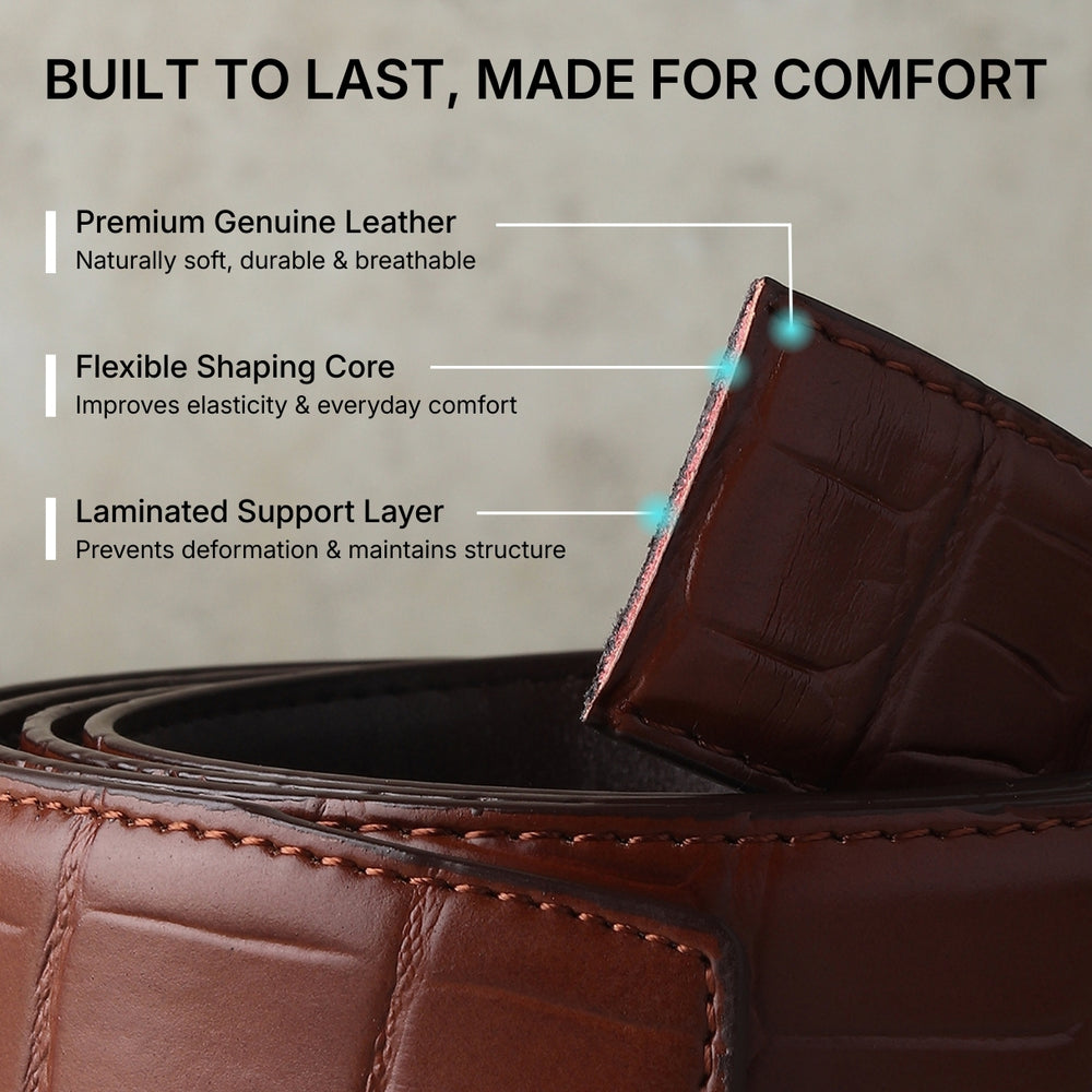 Hayes London | Sparta Auto-Lock No-Hole Genuine Leather Belt for Men – Micro-Adjustable Smart Ratchet Belt for Formal, Office & Casual Wear (Croco Brown Leather & Silver Buckle)