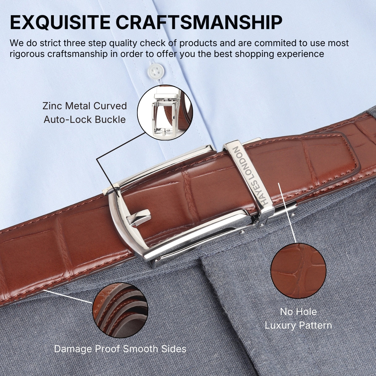 Hayes London | Sparta Auto-Lock No-Hole Genuine Leather Belt for Men – Micro-Adjustable Smart Ratchet Belt for Formal, Office & Casual Wear (Croco Brown Leather & Silver Buckle)