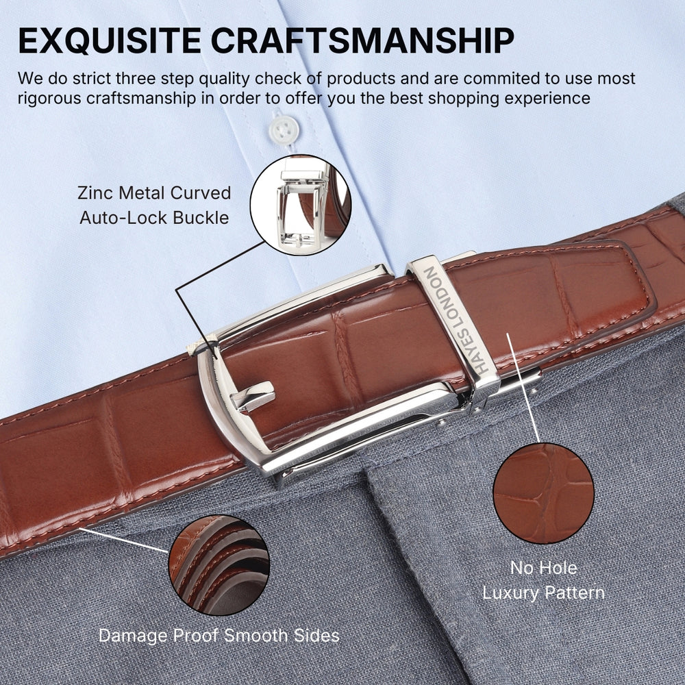 Hayes London | Sparta Auto-Lock No-Hole Genuine Leather Belt for Men – Micro-Adjustable Smart Ratchet Belt for Formal, Office & Casual Wear (Croco Brown Leather & Silver Buckle)