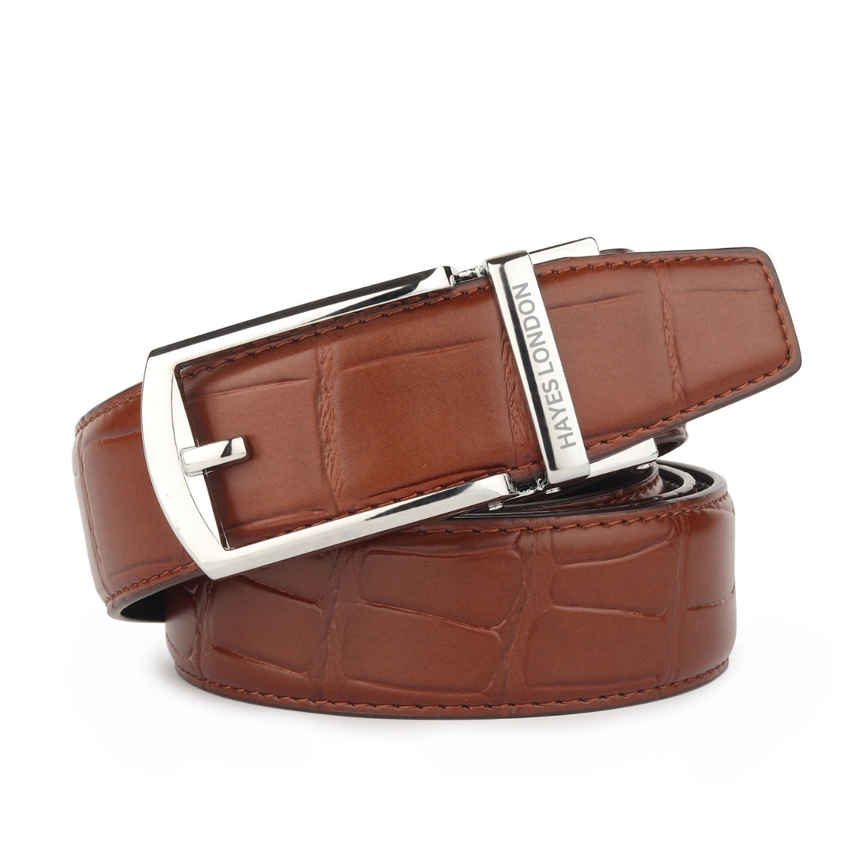 Hayes London | Sparta Auto-Lock No-Hole Genuine Leather Belt for Men – Micro-Adjustable Smart Ratchet Belt for Formal, Office & Casual Wear (Croco Brown Leather & Silver Buckle)