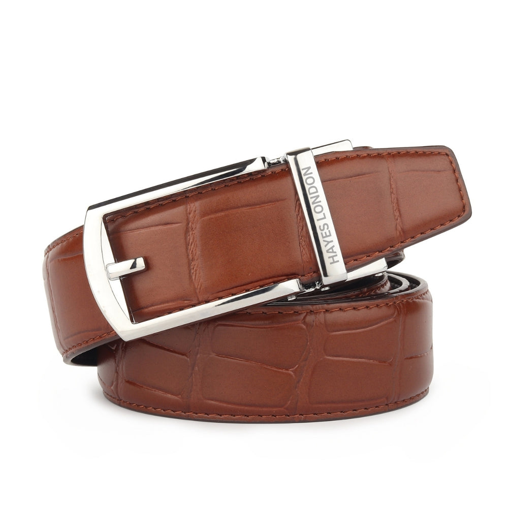 Hayes London | Sparta Auto-Lock No-Hole Genuine Leather Belt for Men – Micro-Adjustable Smart Ratchet Belt for Formal, Office & Casual Wear (Croco Brown Leather & Silver Buckle)