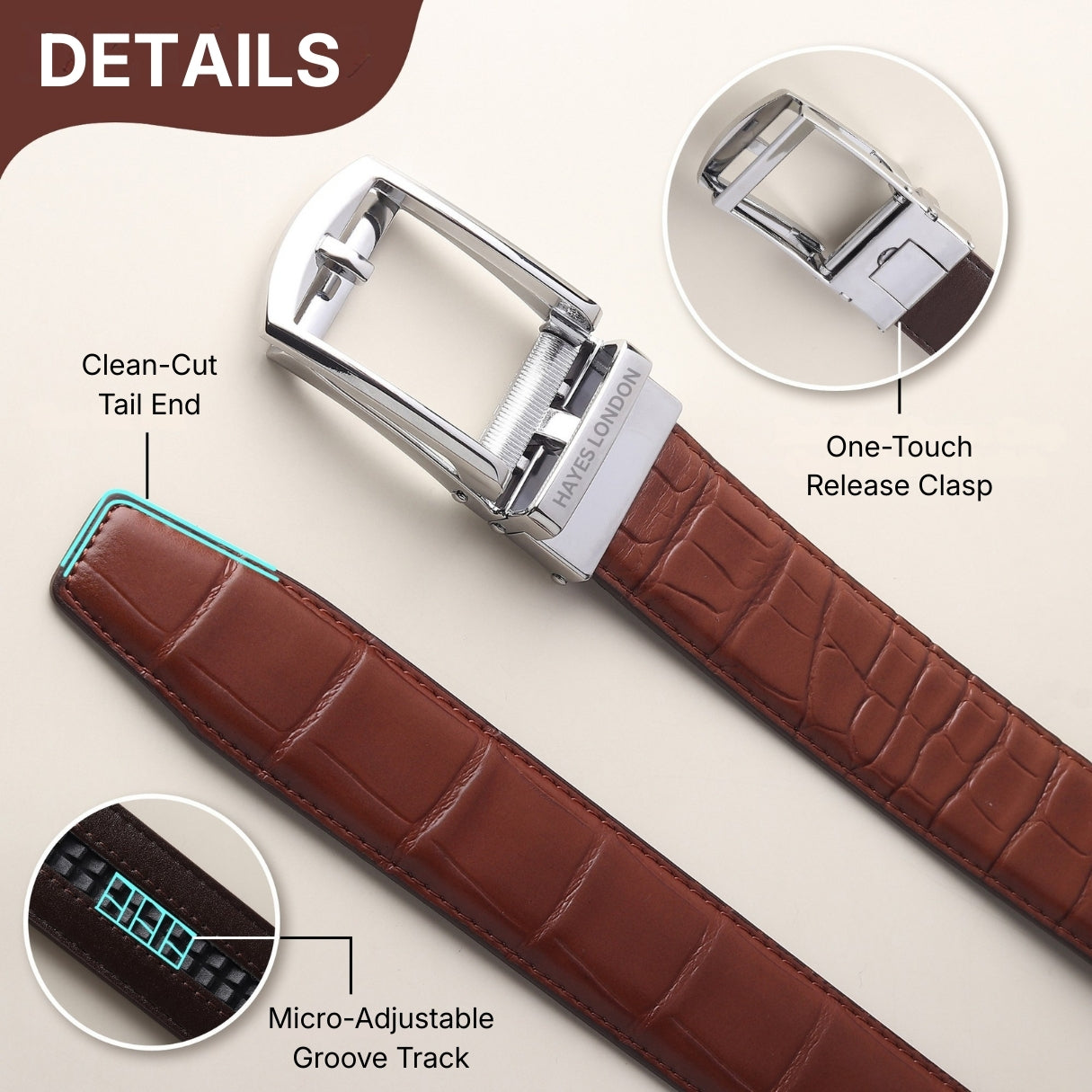 Hayes London | Sparta Auto-Lock No-Hole Genuine Leather Belt for Men – Micro-Adjustable Smart Ratchet Belt for Formal, Office & Casual Wear (Croco Brown Leather & Silver Buckle)