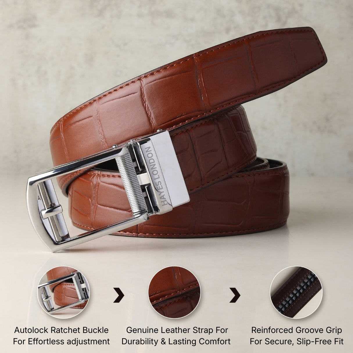 Hayes London | Sparta Auto-Lock No-Hole Genuine Leather Belt for Men – Micro-Adjustable Smart Ratchet Belt for Formal, Office & Casual Wear (Croco Brown Leather & Silver Buckle)