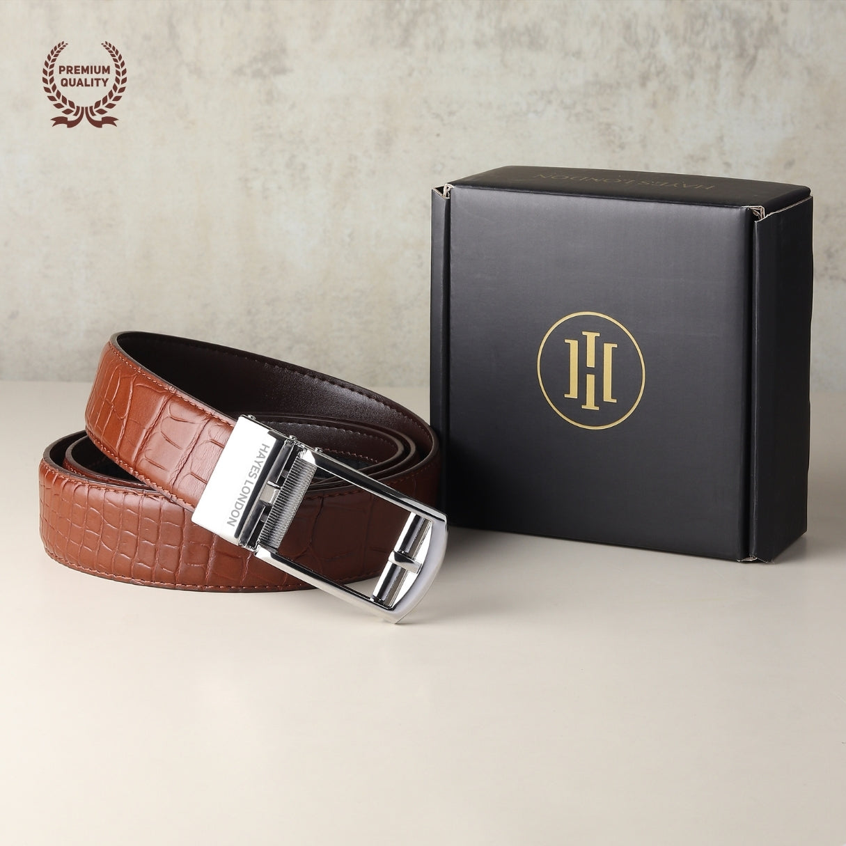 Hayes London | Sparta Auto-Lock No-Hole Genuine Leather Belt for Men – Micro-Adjustable Smart Ratchet Belt for Formal, Office & Casual Wear (Croco Brown Leather & Silver Buckle)