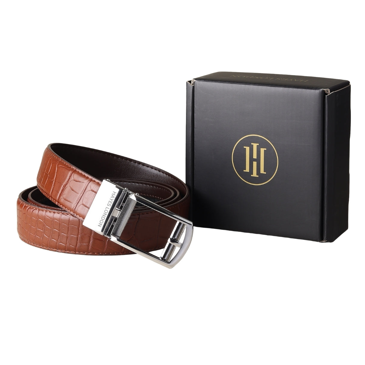 Hayes London | Sparta Auto-Lock No-Hole Genuine Leather Belt for Men – Micro-Adjustable Smart Ratchet Belt for Formal, Office & Casual Wear (Croco Brown Leather & Silver Buckle)