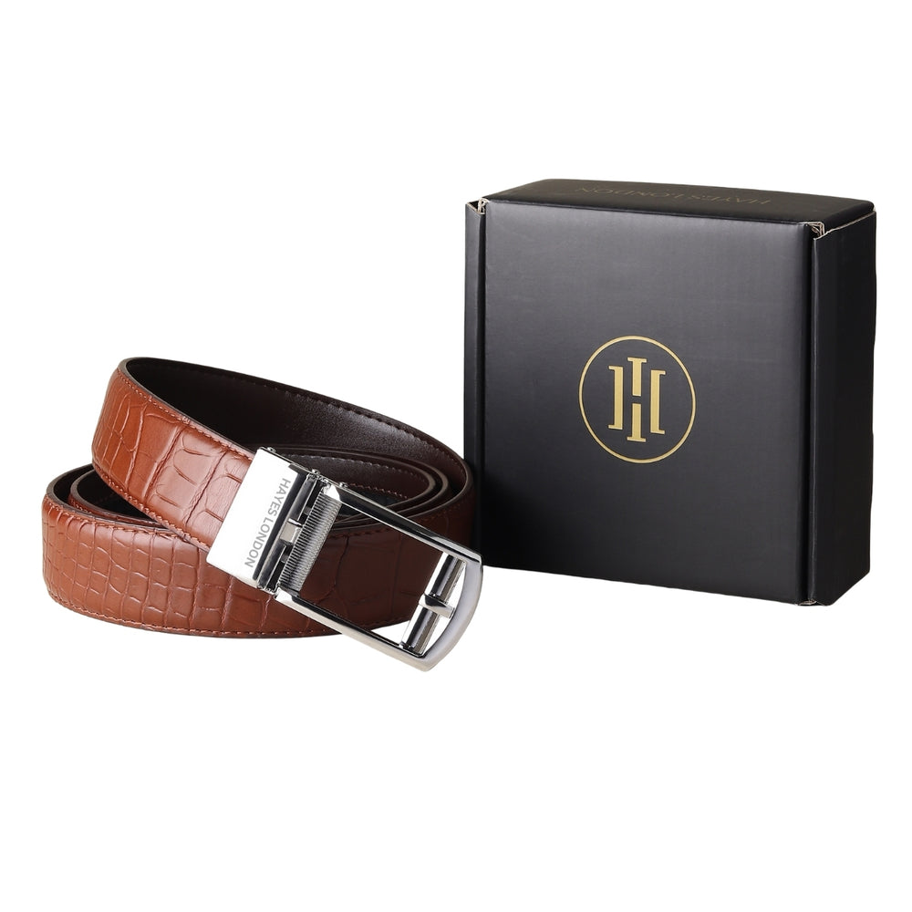 Hayes London | Sparta Auto-Lock No-Hole Genuine Leather Belt for Men – Micro-Adjustable Smart Ratchet Belt for Formal, Office & Casual Wear (Croco Brown Leather & Silver Buckle)