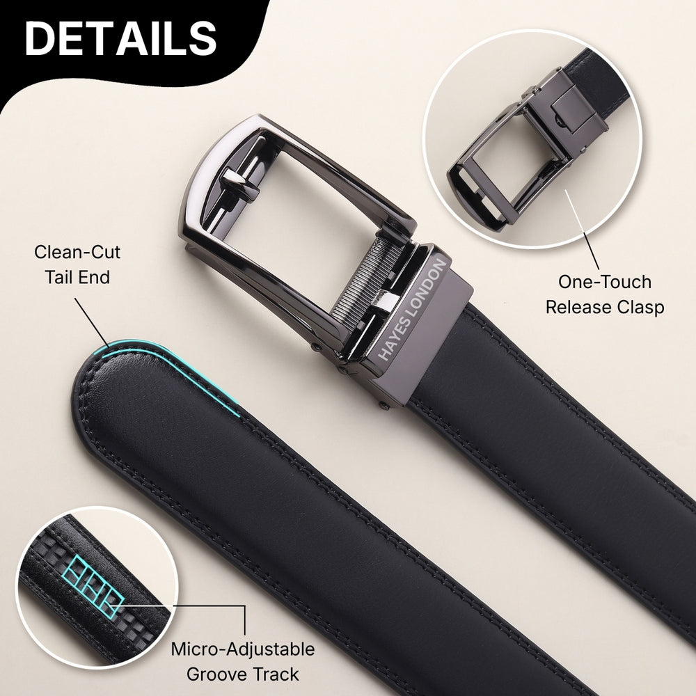 Hayes London | Vanguard Auto-Lock No-Hole Genuine Leather Belt for Men – Micro-Adjustable Smart Ratchet Belt for Formal, Office & Casual Wear (Plain Black Leather & Grey Buckle)