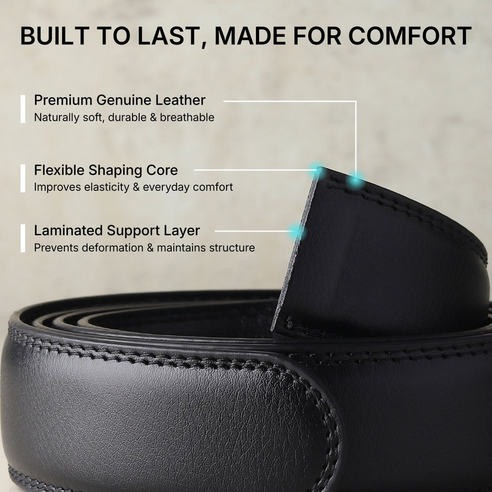Hayes London | Vanguard Auto-Lock No-Hole Genuine Leather Belt for Men – Micro-Adjustable Smart Ratchet Belt for Formal, Office & Casual Wear (Plain Black Leather & Grey Buckle)