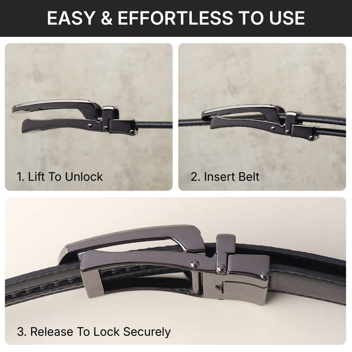 Hayes London | Vanguard Auto-Lock No-Hole Genuine Leather Belt for Men – Micro-Adjustable Smart Ratchet Belt for Formal, Office & Casual Wear (Plain Black Leather & Grey Buckle)