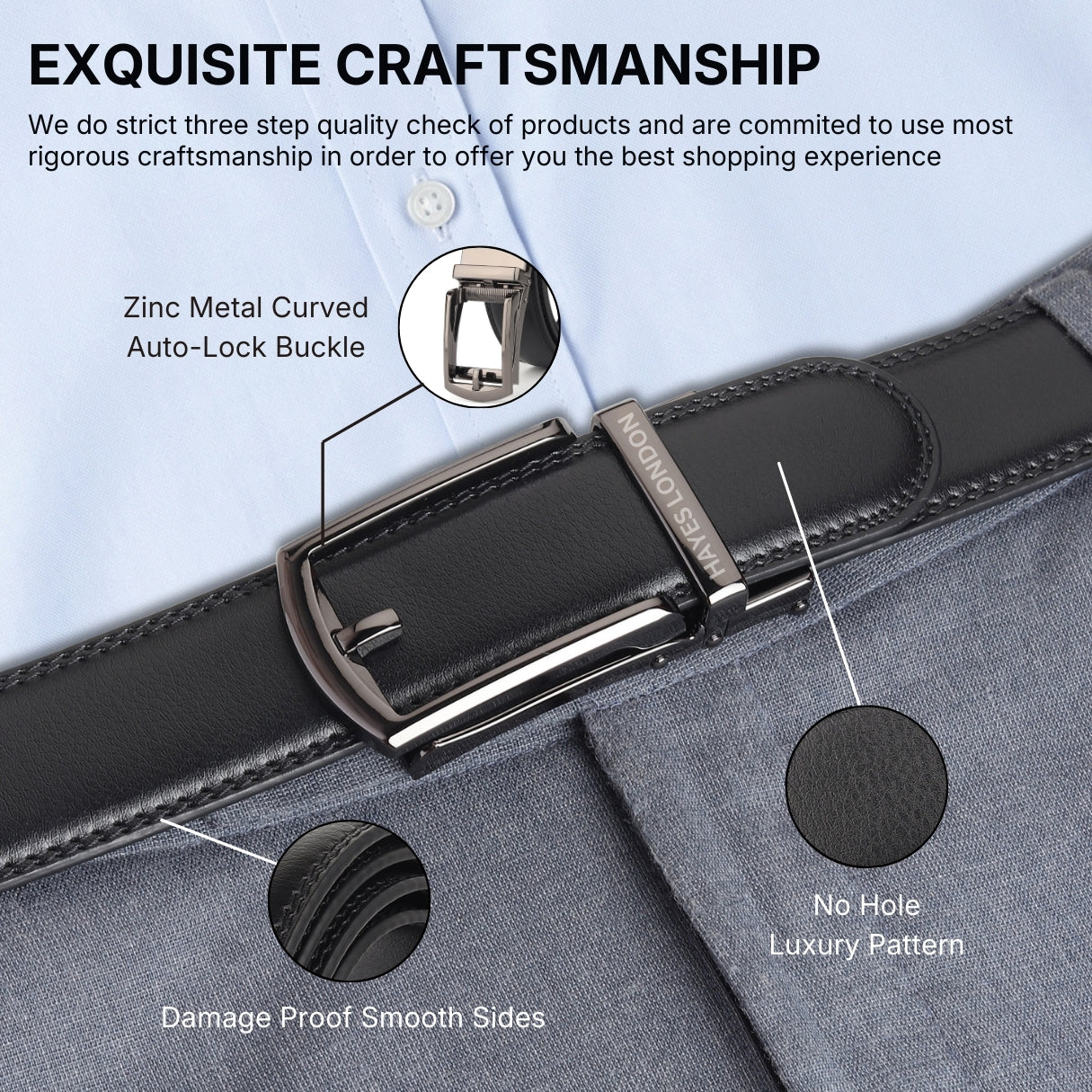 Hayes London | Vanguard Auto-Lock No-Hole Genuine Leather Belt for Men – Micro-Adjustable Smart Ratchet Belt for Formal, Office & Casual Wear (Plain Black Leather & Grey Buckle)