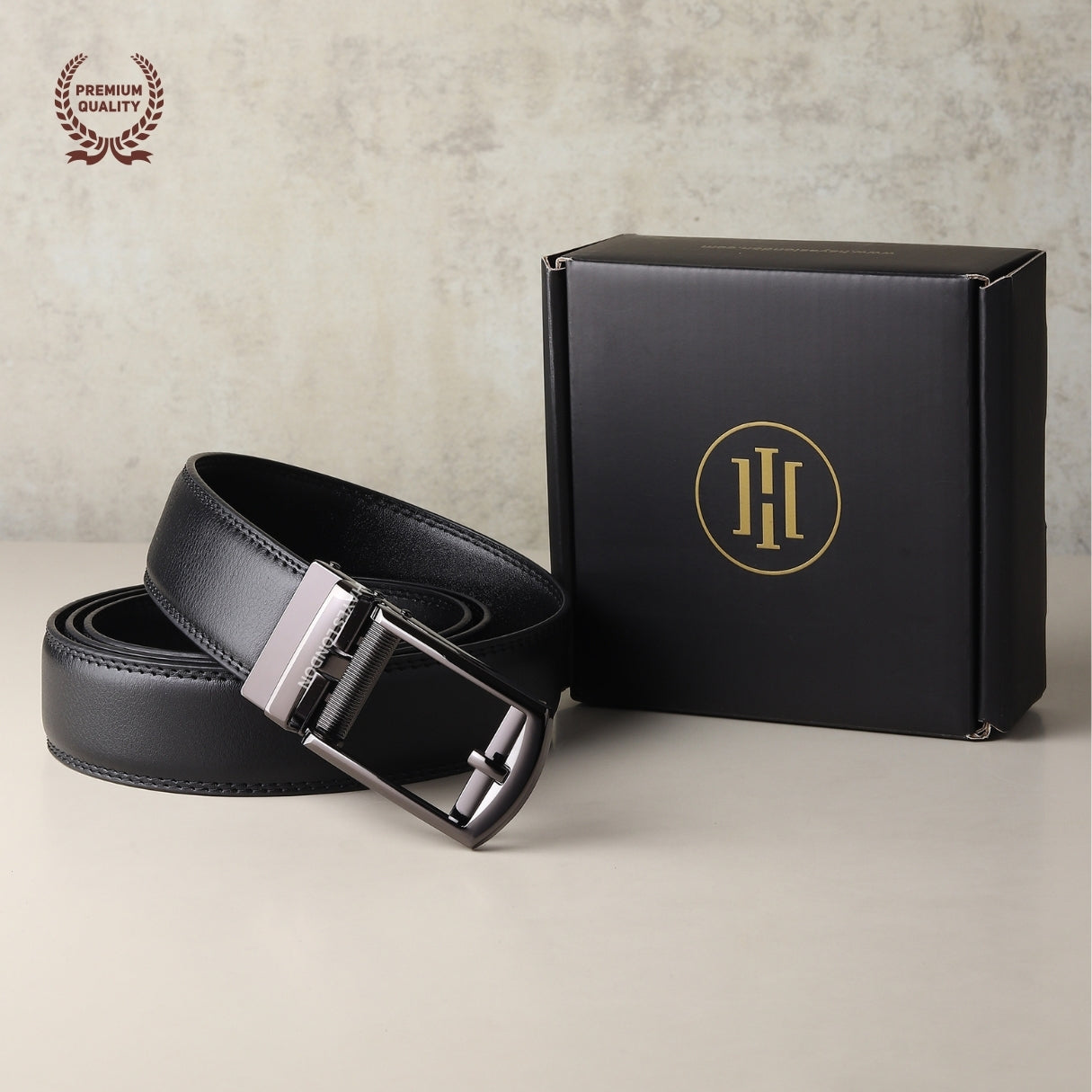 Hayes London | Vanguard Auto-Lock No-Hole Genuine Leather Belt for Men – Micro-Adjustable Smart Ratchet Belt for Formal, Office & Casual Wear (Plain Black Leather & Grey Buckle)