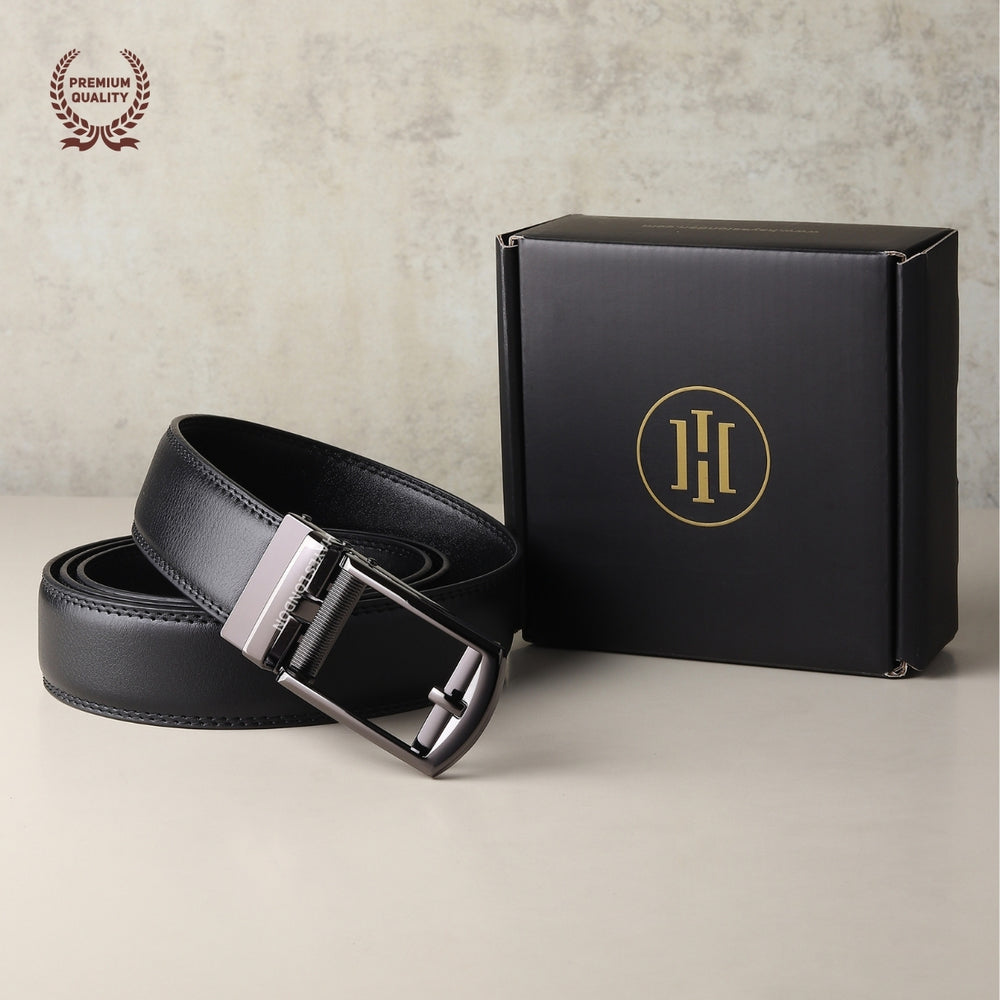 Hayes London | Vanguard Auto-Lock No-Hole Genuine Leather Belt for Men – Micro-Adjustable Smart Ratchet Belt for Formal, Office & Casual Wear (Plain Black Leather & Grey Buckle)